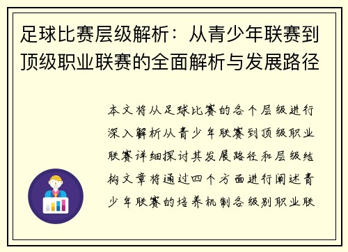 足球比赛层级解析：从青少年联赛到顶级职业联赛的全面解析与发展路径